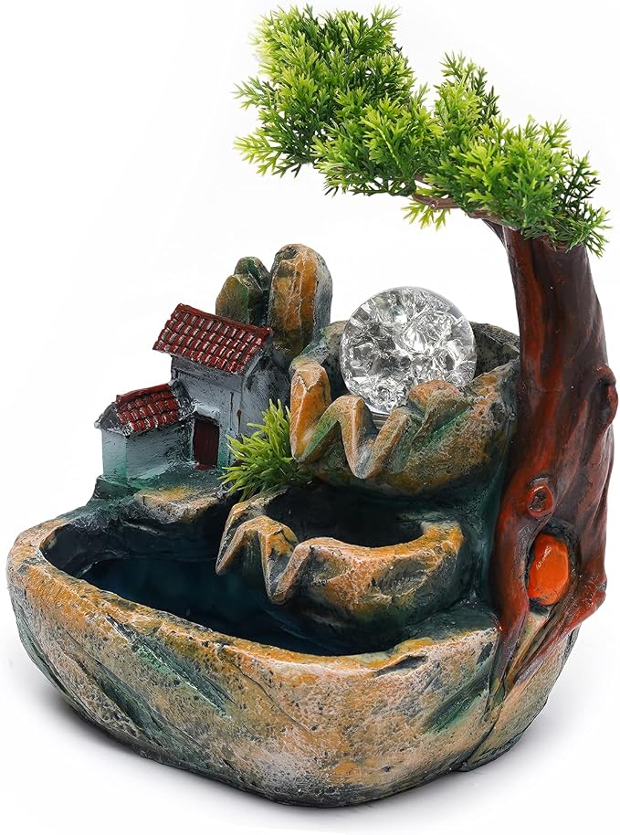 Indoor Fountain Rockery Tabletop Fountain with an Atomizer Elaxation | Water Feature Meditation Desktop Fountains for Home Office Decor or Giving 7.9' x 5.9'' x 9.8'' with LED Light & Fish Bowl