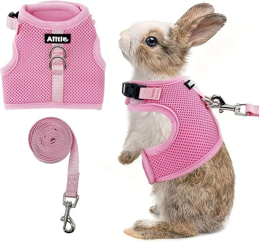 AIITLE Lightweight Escape Bunny Harness and Leash Set - Air Mesh Vest with Double D-Rings, Adjustable & Magic Tape Design, for Ferret/Cat/Puppy Training and Hiking Adventures, Pink L