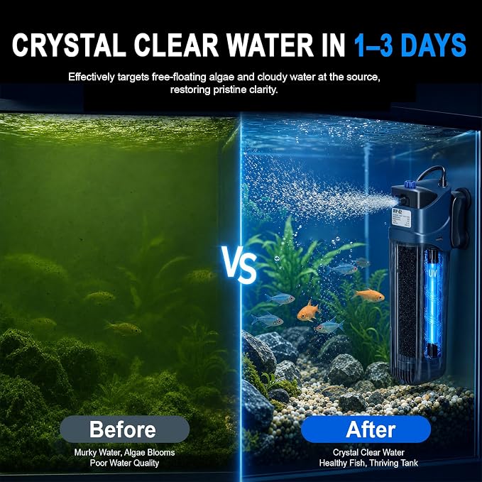 132GPH Fish Tank Filter Aquarium Green Clean Submersible Machine, U-V for Aquarium for 10-60 Gal Tank
