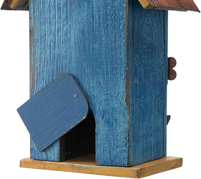 Glitzhome Hanging Bird House for Outdoor, 10.2" H Decorative Birdhouse Pet Cottage Distressed Wooden Bluebird House with 3D Flowers for Outdoor Patio Garden, Washed Blue