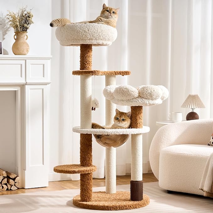 Modern Cat Tree Tower with Scratching Post for Indoor Cats Up tp 12lbs, 50.5" Tall Cat Tree with Flower/Fluffy Cat Beds, Acrylic Capsule, Multi-Level Platforms & Interactive Toy, White & Brown