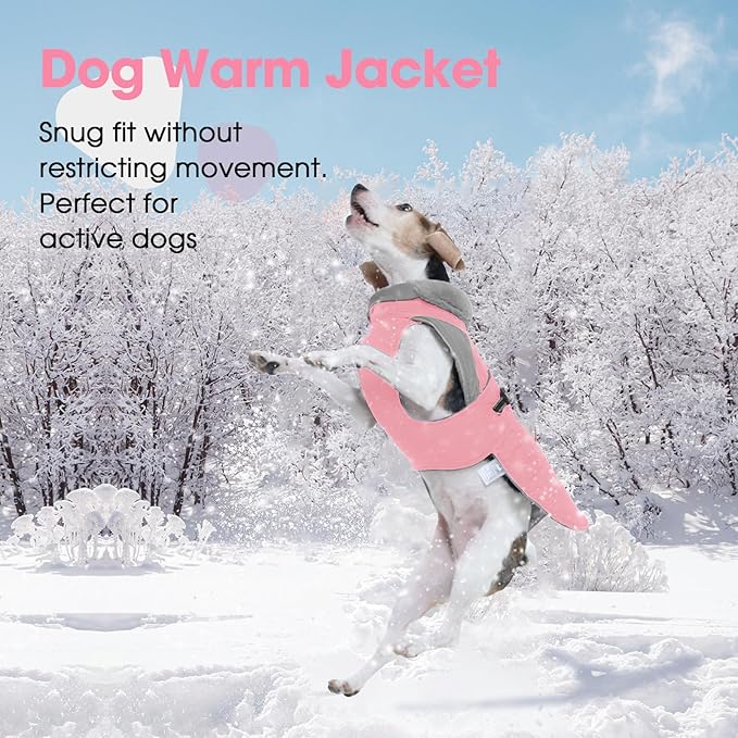 Nanaki Warm Fleece Lined Furry Collar Winter Coats Jackets Vests for Dogs, Waterproof Reflective Dog Snowsuit with Leash Hole Outdoor Walking Hunting, Easy On Pullover Medium Dog Puppy Coat Pink XL