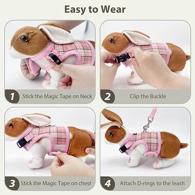AIITLE Breathable Rabbit Harness and Leash Set - Plaid Pattern Padded Vest with Magic Tape Design, Dual D-Rings, Adjustable for Small Animal Pets, Indoor Outdoor Training Camping, Pink M