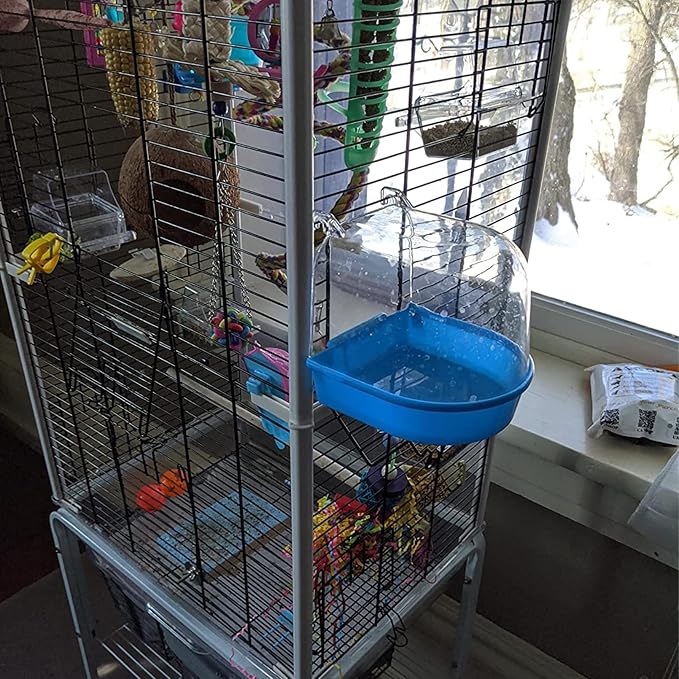 PINVNBY 2Pcs Bird Bath for Cage,Parrot Bathtub for Cage,Hanging Bird Bathing Tub with 2Pcs Water Injector and 2Pcs Feeding Spoon for Canary Budgerigar Lovebird Birds (Blue and Green)