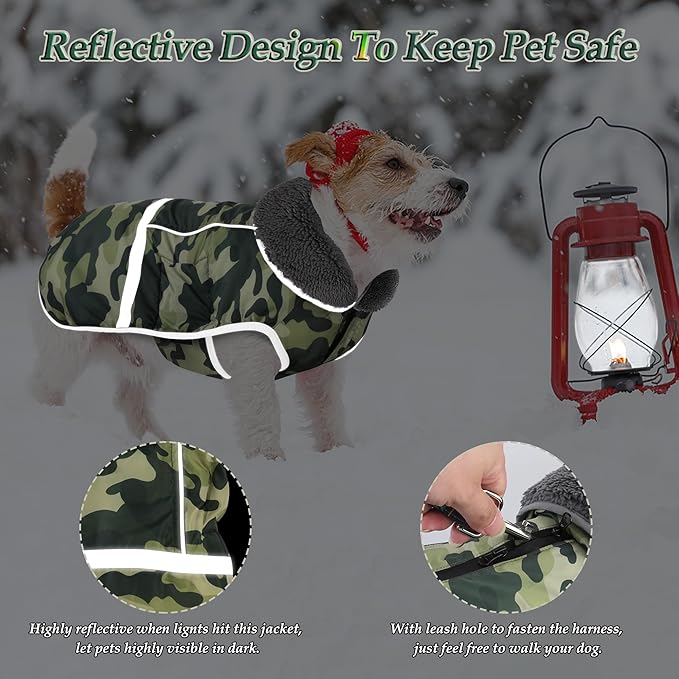 Dogcheer Warm Dog Coat, Waterproof Dog Jacket Reflective Adjustable Puppy Winter Coat with Buckle, Christmas Pet Snow Jacket Turtleneck Fleece Sweater for Small Medium Large Dogs- Camo Green, S