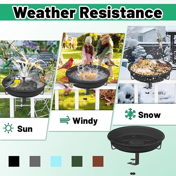 Bird Baths for Outdoors, Rustproof Metal Clamp Birdbaths & Birdfeeder with Detachable Plastic Basin, Outdoor Bird Feeding & Watering Station for Wild Birds Garden Patio Balcony (Black)