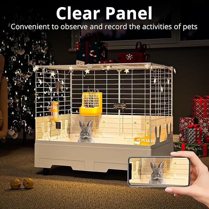 Oneluck Deluxe Small Animal Cage Indoor with Pull Out Tray,Transparent Habitat for Rabbit,Urine Guard,Easy to Clean,White (Transparent)
