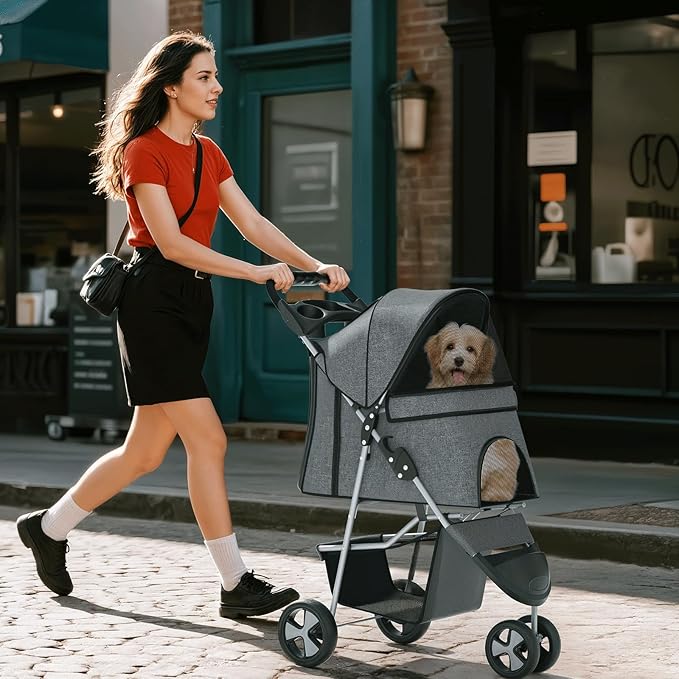 Pet Stroller for Small Dogs 10 lbs, Dog Stroller for Medium Dogs 30 lbs, Cat Strollers for 2 Cats, 3 Wheels Foldable Jogger Puppy Stroller with Storage Basket and Cup Holder, Grey