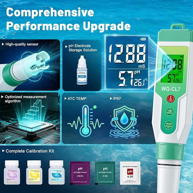 Digital Chlorine Tester, Pool Salt Tester with Calibration Kit | 7-in-1: pH, Salt, FAC, ORP, EC, TDS, Temp. High Precision with ATC. For Saltwater Pool, Hot Tub Spa, Aquarium, Hydroponic