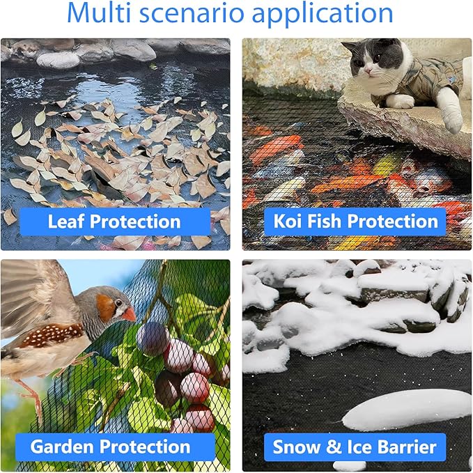 Koi Pond Netting Kit 28 x 30 FT, 3/8" Heavy Duty Woven Mesh Pond Net Cover for Leaves with 12 Stakes, HDPE Pool Netting Protecting Fish from Herons Birds Cats, Black