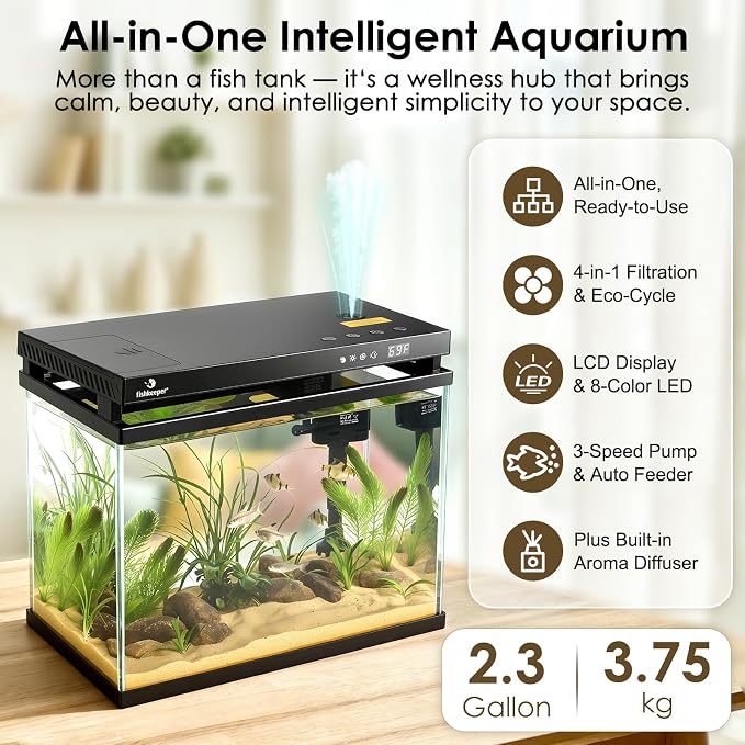 fishkeeper 2.3G Smart Aquarium - HD Glass Fish Tank Kits with Auto Feeder | Self-Cleaning Silent Filter Pump, Aromatherapy, Temperature Display & 7-Color RGB Lights for Desktop, Office, Room