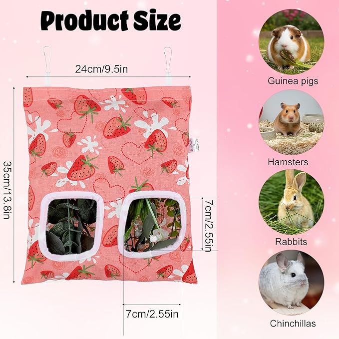 2pcs Bunny Hay Bag, 2-Hole Rabbit Hay Bags, 13.78 X 9.45in Hay Bag for Guinea Pigs, Hanging Guinea Pig Hay Holder for Guineas Pigs Bunny, Small Pets (Pink Strawberry)