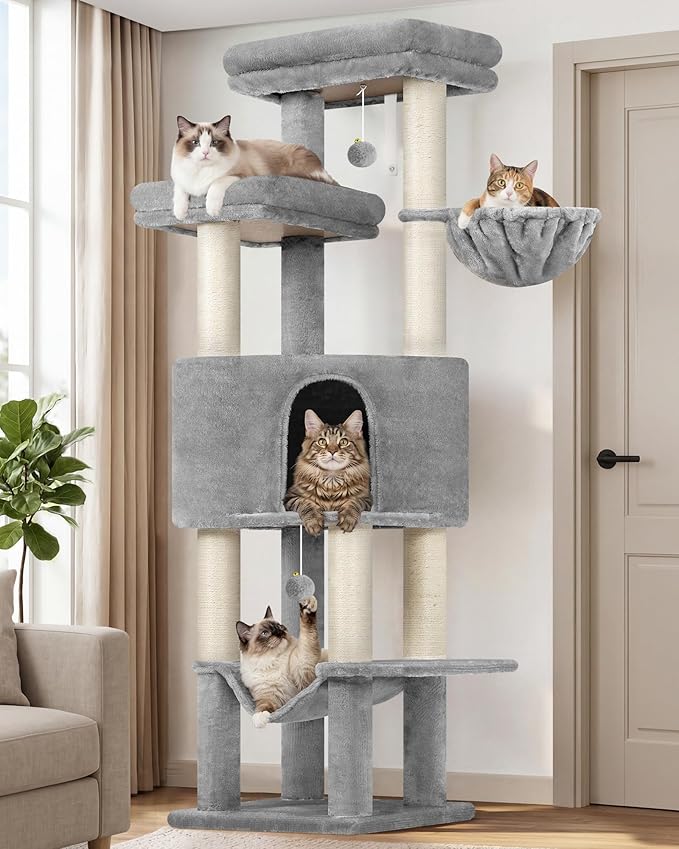 Globlazer Tall Cat Tree Tower for Large Adult Cats, Multi-Level Large 65 Inch Cat Scratching Tower with Hammock, 6 Scratching Posts, Basket and 2 Perches for Indoor Multiple Cats, F65D, Light Grey