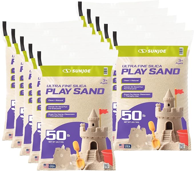 Sun Joe 10 Pack Silica Play Sand for Sandbox, Sensory Table & Garden Spaces, Ultra Fine, 50 Lbs - Natural Craft Accessory for Molding, Digging & Sculpting - Ideal for Indoor and Outdoor Use