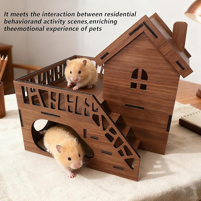 Wooden Hamster Cage, Multi-Chambered Natural Wood Hamster House with Underground Platform & Balcony, Chewable Maze-Like Habitat for Hamsters, Mice, Dwarf Hamsters