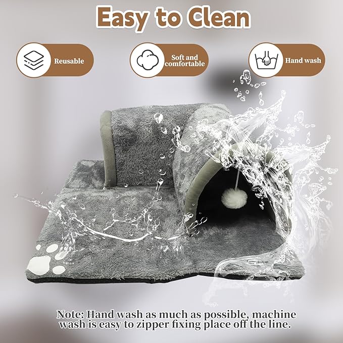 PINVNBY Guinea Pig Hideout Tunnel with Removable Base & 2 Liners and Washable Soft Rabbit Bed & Small Animal Tunnel Tube Cage Accessories for Chinchillas, Hamsters, Ferrets, Bunny（Gray）