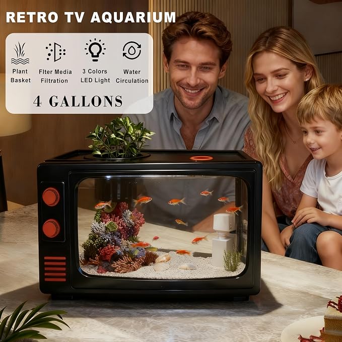 Retro TV Aquarium Kit 4 Gallon Desktop Fish Tank with Filter and LED Light, Mini Aquarium Starter Kit for Betta Fish, Vintage Television Style Decorative Fish Tank for Office Desk Home Decor