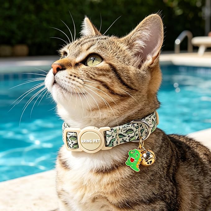 ARING PET 2 Pack Cat Collars with Bell, Cute Soft Cotton Kitten Kitty Breakaway Summer Cat Collars for Boy Girl Cats-Dinosaur & Green Soccer