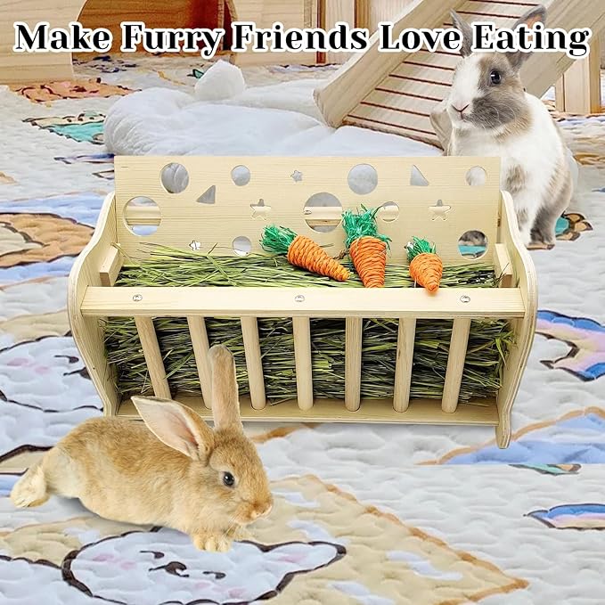 Hamiledyi Wooden Small Animal Hay Feeder - Rabbit, Guinea Pig, Chinchilla Cage Accessory, Hay Saver Rack & Dispenser for Small Pets