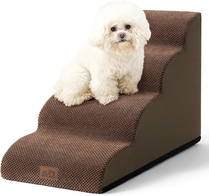 COZY KISS Dog Stairs for Small Dogs 19.7" H, Curved Dog Step for Puppy, Older or Cat, Medium Pet Ramp for Sofa, Couch or Bed, Ladder with High Density Foam, 4 Step, 15.7x28.3x19.7 inch, Brown