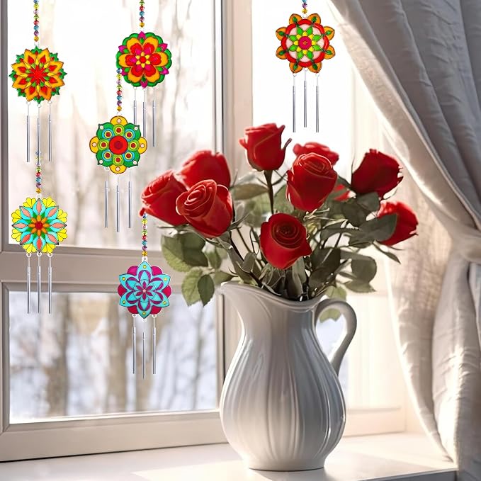30 Set Mandala Suncatcher Wind Chime Craft Kits, Flower DIY Window Art | Mandala Flower Craft Art Kit decor for Spring Summer seasonal events, home gatherings, celebrations, art projects