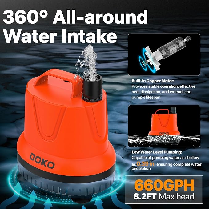 DOKO 660GPH Submersible Water Pump for Pond, Fish Tank, Aquarium, Fountain | 40W Ultra Quiet Water Drain Pump with 8.2ft Lift Height, 6FT Power Cord and 4 Nozzles for Hydroponics & Statuary