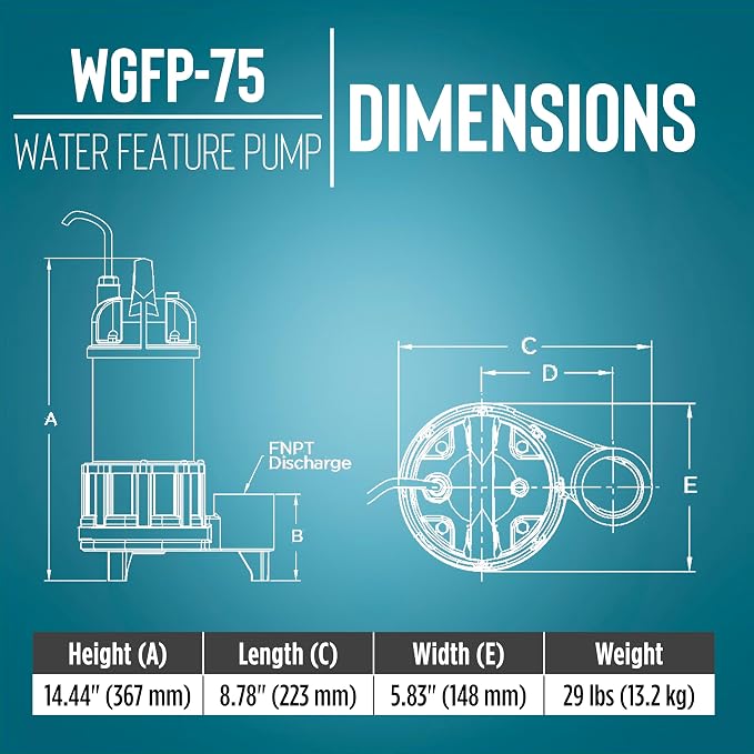 Little Giant WGFP-75, 115V, 3/4 HP, 4890 GPH Water Feature Pump, 19' cord | Stainless steel and cast iron body for powering water features, fountains, and pond filtration systems, 566069