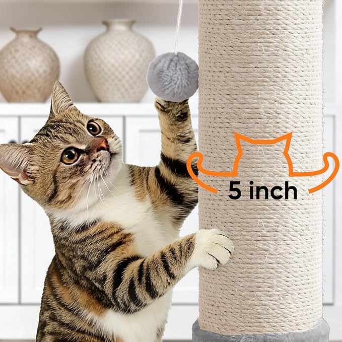 PAWSCRAT Cat Scratching Post 32" Tall, Large Diameter Natural Sisal Cat Scratch Post with Dangling Ball for Indoor Cats, Scratch-Resistant Durable and Protect Your Furniture, LightGrey