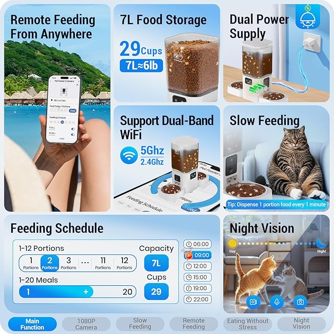 Frienhund Automatic Cat Feeder with Two 1080P Camera for 2 Cats: 7L Automatic Dog Feeder with Night Vision & Slow Feed, 5G WiFi Auto Cat Food Dispenser for Multiple Pet,Detachable for Clean(ACF180W-C)