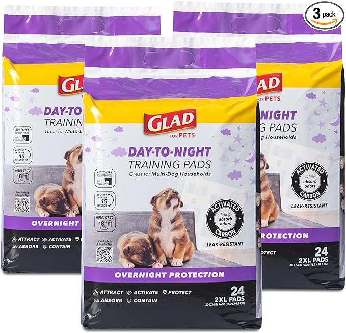 Glad for Pets Day to Night Activated Carbon Puppy Training Pads, Odor Control Disposable Dog Pads with Adhesive and Wall Protection, Leak Proof and Super Absorbent, 30 x 36 Inch, 24 Count - 3 Pack