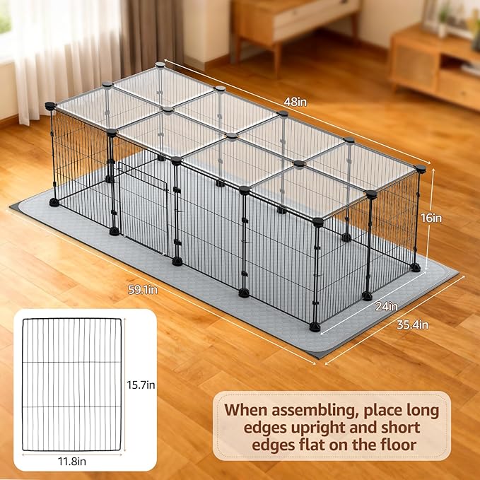 Tinnmao 20 Panels Small Animal Playpen with Roof, Waterproof Base Mat + 2PCS Washable Pee Pads, Indoor Denser & Thicker C&C Grid Cage for Guinea Pigs Rabbit Puppy Kitty Accessories (Black Metal Frame)