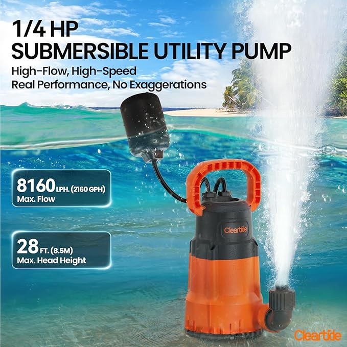 Cleartide Submersible Water Utility Pump with Float Switch, 8160 LPH High Flow,100% Copper Motor, Ideal for Yard and Flooded Cellar, Hot Tub, Garden Irrigation,10 FT Cord