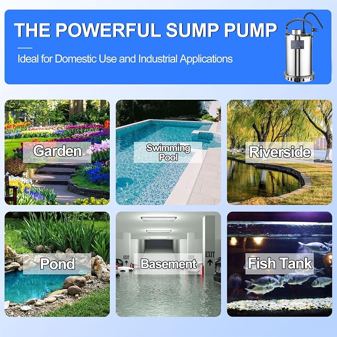 Submersible Sump Pump Stainless Steel Water Pump 1HP 3700GPH | Swimming Pool Tub Basement Garden Ponds Draining Water Transfer Water Electric Portable Utility Pump Low Water Level