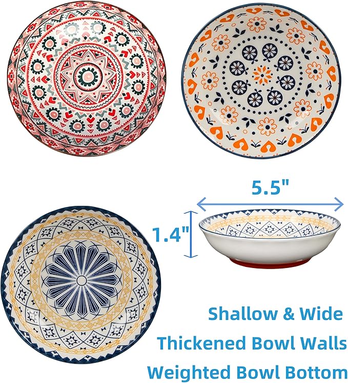 Whisker Fatigue Cat Bowls, Non-Slip Ceramic Cat Food Bowl, Shallow Wide Cats Dishes Whisker Friendly, 3-Pack, 8oz, Boho Pattern, Dishwasher & Microwave Safe