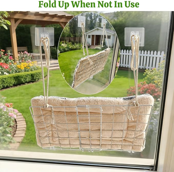 Cat Window Perch with Adhesive Hooks Foldable Cat Window Hammock for Cats up to 30 lbs, Sturdy Metal Frame, Easy to Adjust Assemble, Soft Removable Cushion Included, Cats Bed for Indoor Watching Bird