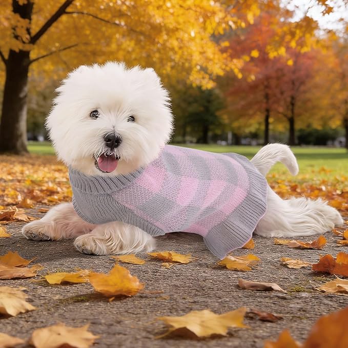 Dog Sweater Dress Plaid Knitwear for Small Medium Dogs Warm Puppy Pet Turtleneck Stretch Pullover Cute Fall Winter Vest Clothes with Leash Hole for Christmas (Grey, S)