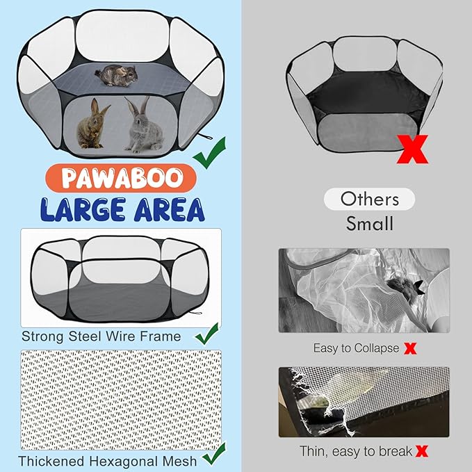 Pawaboo Small Animals Playpen with Pad, Waterproof Small Pet Cage Tent with Reusable Pad, Portable Outdoor Yard Fence for Chick/Kitten/Puppy/Guinea Pig/Rabbits/Chinchillas, Black/Gray