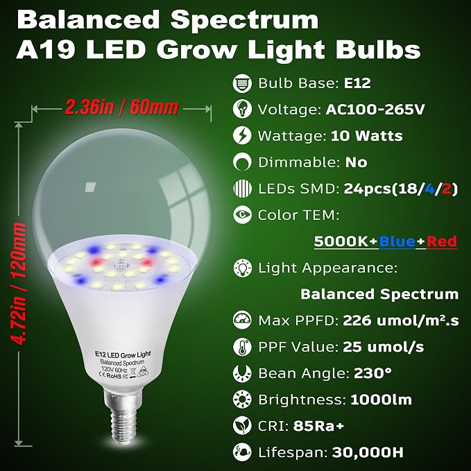 Full Spectrum LED Indoor Plant Grow Light Bulbs E12 Candelabra Base | LED Sun Light Bulbs Plant Growing 100W Equivalent with Balanced Spectrum 5000K Red Blue for Seeds Greens Flower,1Pcs