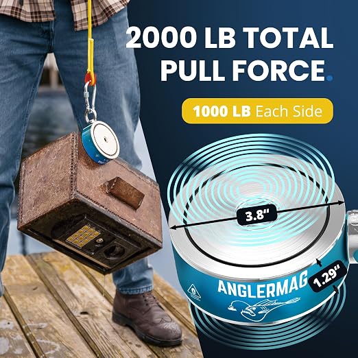 AnglerMag™ Magnet Fishing Kit - 2000 lbs Double Sided Neodymium Magnetic Fishing Stuff with Rope - 10 PCS Extra Strong Complete Gift Set with eBook, Carabiner, Gloves, Grappling Hook & Carrying Bag
