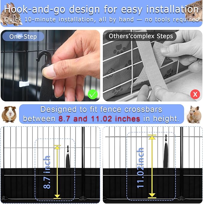 Guinea Pig Cage Liner with One-Hand Hook and Open Door Design, 48" L x 24" W, Waterproof Washable Tarpaulin Bottom, for C&C Grid, Rabbit Hedgehog Habitat Liner, Black