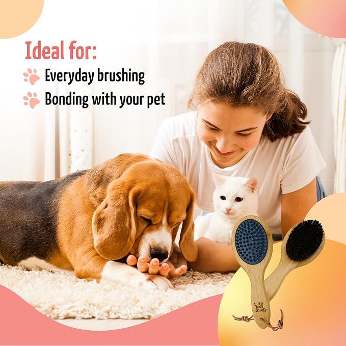 The Buddy System Combo Bristle Pet Brush, 2-in-1 Brush, Durable Rubber Side and Soft Boar Bristle Side - All Pets and Coat Lengths - Top Coat Massage for Cats & Dogs - 1 Pack
