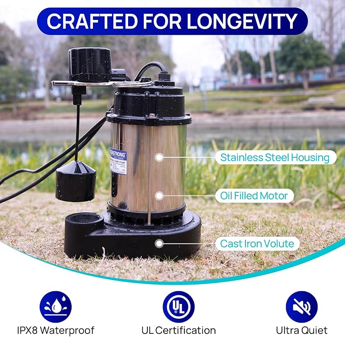 AQUASTRONG 1/2HP Sump Pump, 3830 GPH Submersible Pump, 1-1/2" NPT Discharge | Stainless Steel and Cast Iron Sump Pump, Automatic Integrated Vertical Float Switch with Piggy-back Plug for Basement