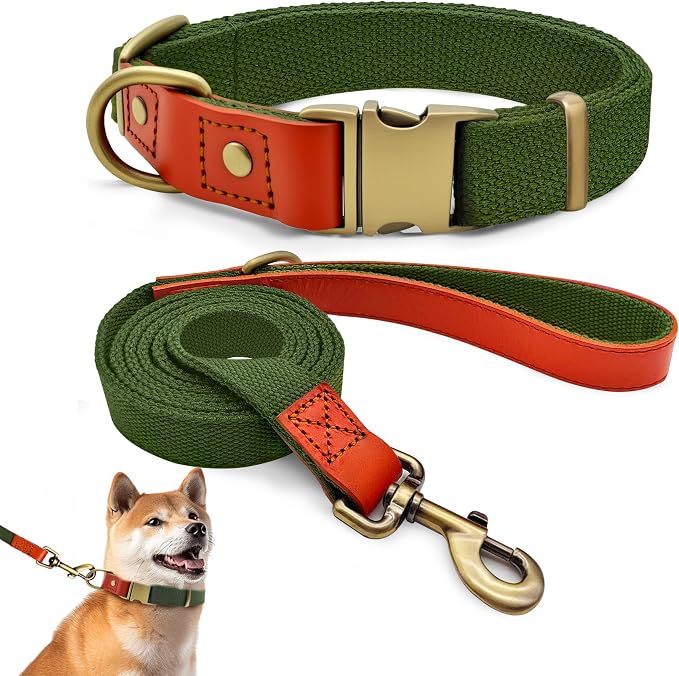 Dog Collar and Leash Set with Metal Quick Release Buckle, Adjustable, Breathable Nylon, Durable, Soft and Comfortable, No Pull for Walking and Training, Green, L (14.9"-22.8")