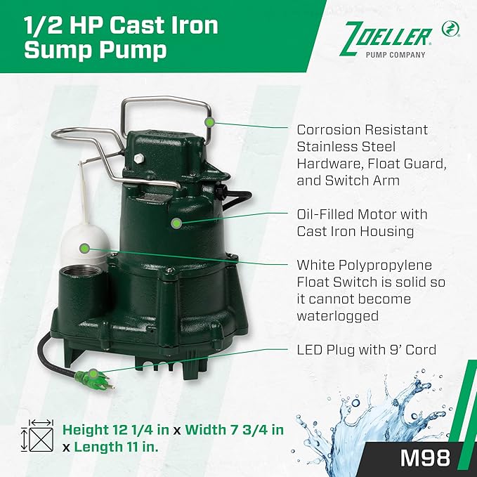 Zoeller M98 Flow-Mate Sump Pump - 1/2 HP - Cast Iron - LED Power Plug - High Flow - Vortex Impeller - Stainless Steel Hardware - Factory Tested and Float Operated - Submersible Sump Pump - 115V