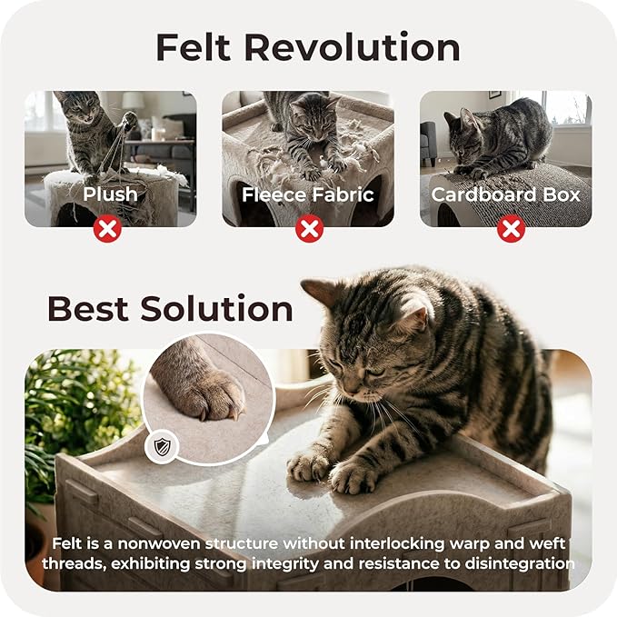Apasiri Cat Bed Cave for Indoor Cats: New Felt Cat Bed with Fluffy Ball, Foldable Cat House with Scratch-Resistant Board, Hideaway Cat Cave for Timid Cats, Sturdy Two-Tier Cat Condo & Cat Houses