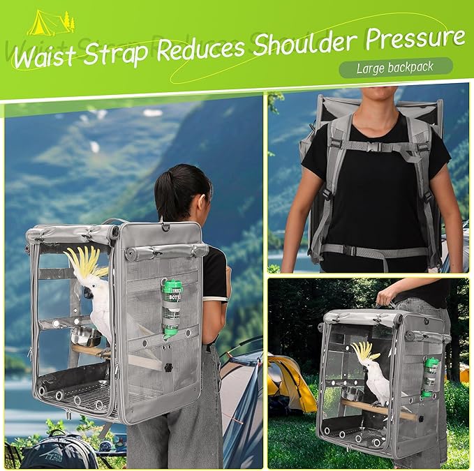 Bird Carrier Travel Cage, Cockatoo Carrier, Parrot Travel Backpack with Unbreakable Stainless Steel Mesh, Perch, Water Bottle and Food Bowl, X-Large Grey