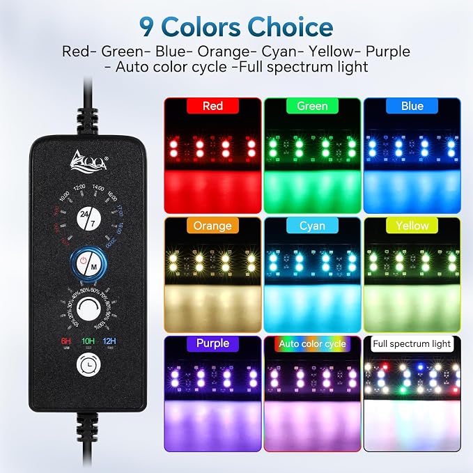 AQQA 8.27 Inch Submersible Aquarium Light, 24/7 Mode Fish Tank Light | 7 Adjustable Angles, 9 Color Options, 4 Rows Beads, Dimmable & Timer Control, IP68 Waterproof Full Spectrum Plant Light