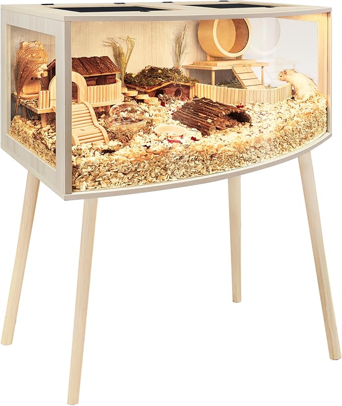Prolee Hamster Cage with Curved Design,Chew Proof Wooden Hamsters Enclosure with Leg Stand and Openable Top or Gerbils,Hamster Habitat (40"x20"x20")