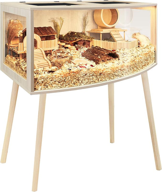 Prolee Hamster Cage with Curved Design,Chew Proof Wooden Hamsters Enclosure with Leg Stand and Openable Top or Gerbils,Hamster Habitat (40"x20"x20")