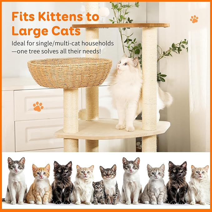 Modern Cat Tree Tower,Rattan Cat Tree Condo,Sisal-Covered Scratching Posts for Indoor Cats, Multi-Level Cat Condo with Space Capsule Nest, Tall Cat Tree for Multiple Large Cats